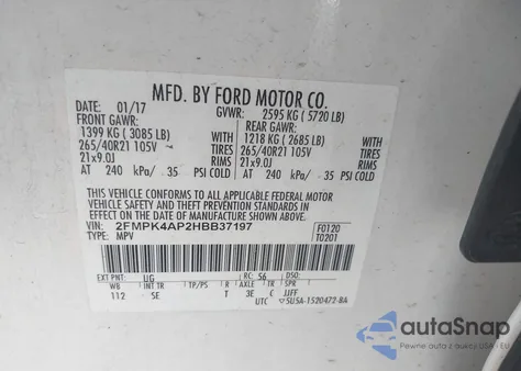 2017 Ford Edge Sport из США, поврежденный, VIN 2FMPK4AP2HBB37197